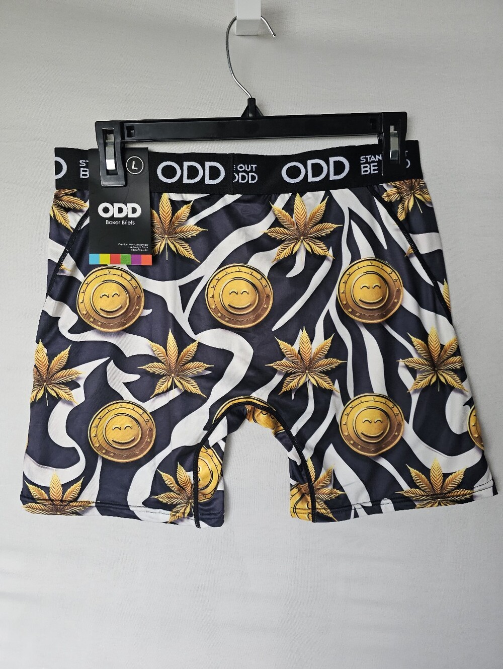 ODD Men’s Boxer Briefs Size L - Gold Smiley Face Zebra Graphic Print - NWT